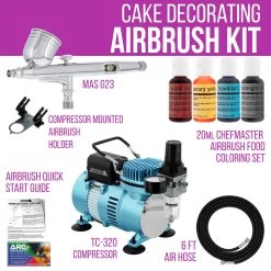Master Airbrush Cake Decorating Airbrushing System Kit With A 4 Color Chefmaster Food Coloring Set - G22 Gravity Feed Airbrush, Air Compressor, Guide Booklet Cake Decorating Systems