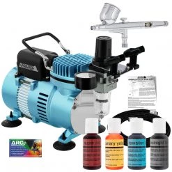 Master Airbrush Cake Decorating Airbrushing System Kit With A 4 Color Chefmaster Food Coloring Set - G22 Gravity Feed Airbrush, Air Compressor, Guide Booklet Cake Decorating Systems