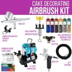 Master Airbrush Cake Decorating Airbrushing System Kit With 12 Color Food Coloring Set - G22 Gravity Feed, G76 Trigger Airbrush, Air Tank Compressor, Guide Booklet