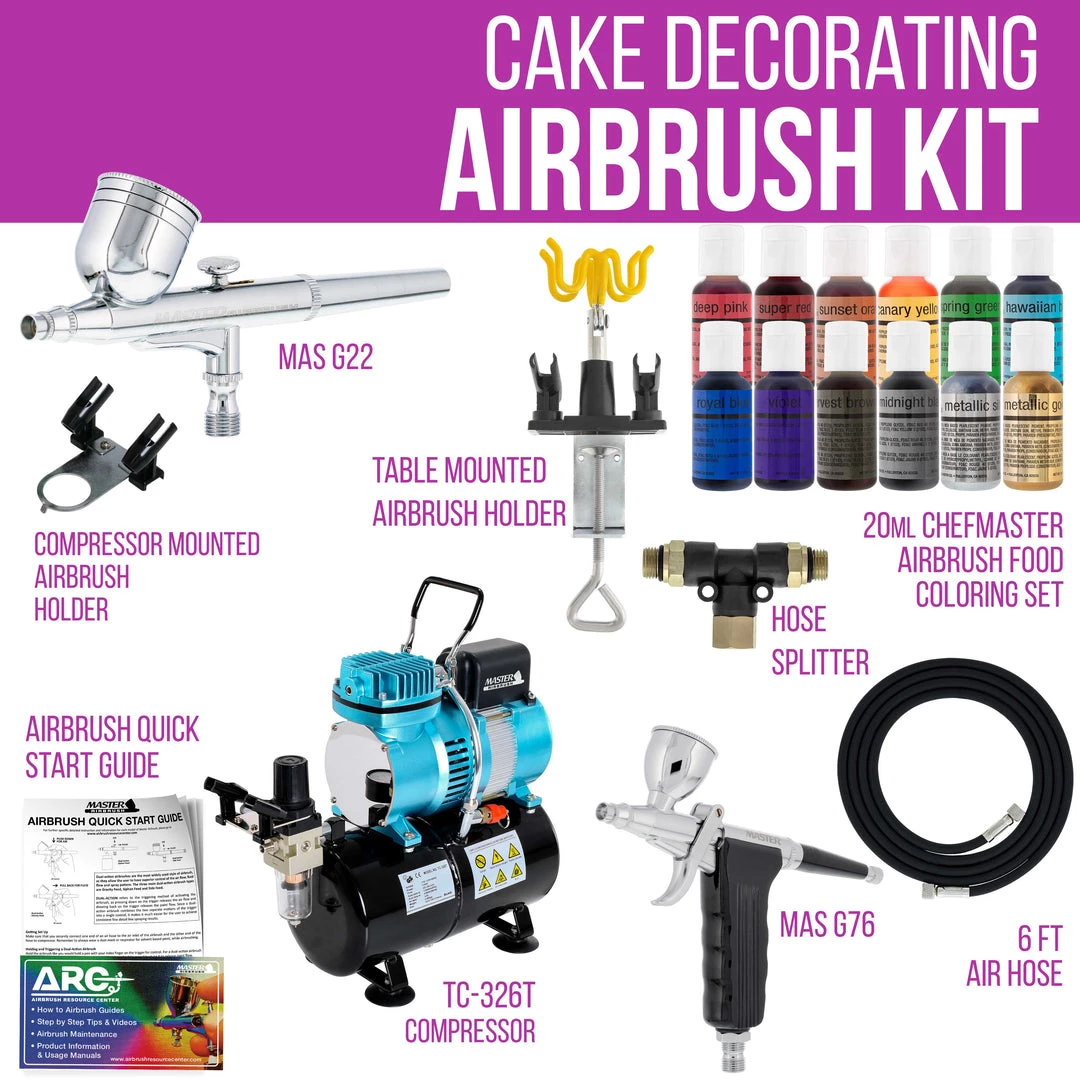 Master Airbrush Cake Decorating Airbrushing System Kit With 12 Color Food Coloring Set - G22 Gravity Feed, G76 Trigger Airbrush, Air Tank Compressor, Guide Booklet 4 Master Airbrush Cake Decorating Airbrushing System Kit With 12 Color Food Coloring Set - G22 Gravity Feed, G76 Trigger Airbrush, Air Tank Compressor, Guide Booklet