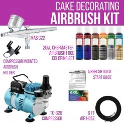 Master Airbrush Cake Decorating Systems Cake Decorating Airbrushing System Kit With A 12 Color Chefmaster Food Coloring Set - G22 Gravity Feed Airbrush, Air Compressor, Guide Booklet
