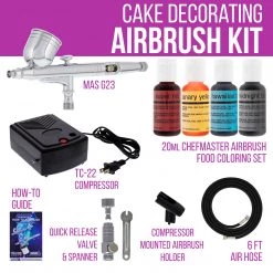 Master Airbrush Cake Decorating Airbrushing System Kit With A Set Of 4 Food Colors, Gravity Feed Dual-Action Airbrush, Air Compressor, Hose, Case And How-To Guide