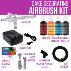 Master Airbrush Cake Decorating Airbrushing System Kit With 4 Chefmaster Food Colors, Gravity Feed Dual-Action Airbrush, Air Compressor, Hose, How-To-Airbrush Guide Cake Decorating Systems