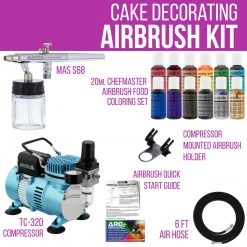 Master Airbrush Cake Decorating Airbrushing System Kit With A Siphon Feed Airbrush, 12 Chefmaster Food Colors, Dual Fan Air Compressor - Hose, Holder, How To Guide Cake Decorating Systems