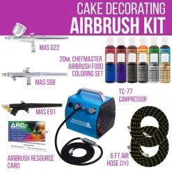Master Airbrush Cake Decorating 3 Airbrush Kit With G22, S68, E91 Airbrushes, Quiet High Performance Compact Airbrush Compressor, 2 Hoses & 12 Color Food Coloring Set Cake Decorating Systems
