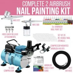 Master Airbrush 2 Airbrush Nail System Kit With 12 Paint Color Set, High Performance Single-Piston Airbrush Air Compressor