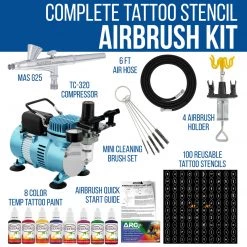 Master Airbrush Cool Runner II Dual Fan Air Compressor Custom Body Art System With Gravity Feed Airbrush, 8 Color Temp Tattoo Paint Set, 100 Stencils Face & Body Art Systems