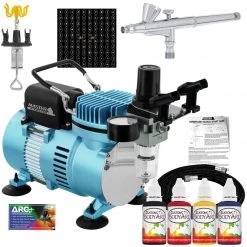 Master Airbrush Cool Runner II Dual Fan Air Compressor Custom Body Art System With Gravity Feed Airbrush, 4 Color Temp Tattoo Paint Set, 100 Stencils, Self-Adhesive Face & Body Art Systems