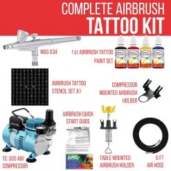 Master Airbrush Cool Runner II Dual Fan Air Compressor Custom Body Art System With Gravity Feed Airbrush, 4 Color Temp Tattoo Paint Set, 100 Stencils, Self-Adhesive Face & Body Art Systems