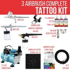 Master Airbrush Cool Runner II Dual Fan Air Compressor Custom Body Art Airbrushing System With 3 Airbrush Sets, 3 Color Temp Tattoo Paint Set, 100 Stencils Face & Body Art Systems