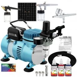 Master Airbrush Cool Runner II Dual Fan Air Compressor Custom Body Art Airbrushing System With 3 Airbrush Sets, 3 Color Temp Tattoo Paint Set, 100 Stencils Face & Body Art Systems