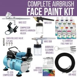 Master Airbrush Face & Body Art Systems Professional 3 Airbrushing System Kit With 16 Color Water-Based Face & Body Paint Set, Cool Runner II Dual Fan Air Compressor