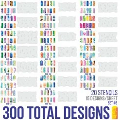Master Airbrush Airbrush Nail Stencils - Design Series Set # 8 Includes 20 Individual Nail Templates With 16 Designs Each For A Total Of 320 Designs Of Series #8