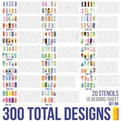 Master Airbrush Airbrush Nail Stencils - Design Series Set # 9 Includes 20 Individual Nail Templates With 15 Designs Each For A Total Of 300 Designs Of Series #9