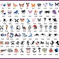 Master Airbrush Airbrush Tattoo Stencils Temporary Tattoo Stencils Booklet Set 15 With 100 Different Self-Adhesive Reusable Stencil Designs