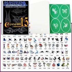 Master Airbrush Airbrush Tattoo Stencils Temporary Tattoo Stencils Booklet Set 15 With 100 Different Self-Adhesive Reusable Stencil Designs