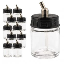10 Pack Of Master Airbrush TB-002 3/4 Oz Glass Jar Bottles With 30 Degree Down Angle Adaptor Lid Assembly - Dual-Action Siphon Airbrush Cups & Jars