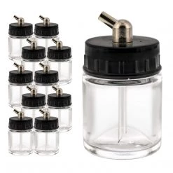 10 Pack Master Airbrush TB-003, 3/4 Oz Glass Jar Bottles With 60 Degree Down Angle Adaptor Lid Assembly, Single-Action Siphon Airbrush Cups & Jars