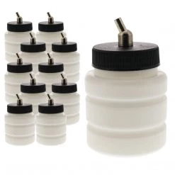 10 Pack Master Airbrush TB-006, 2.7 Oz Plastic Jar Bottles With 30 Degree Down Angle Adaptor Lid Assembly, Dual-Action Siphon Airbrush Cups & Jars