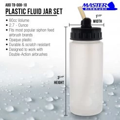 10 Pack Master Airbrush TB-008, 2.7oz Plastic Jar Bottles With 30° Degrees Down Angle Adaptor Lid Assembly, Single-Action Siphon