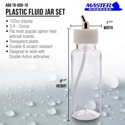 10 Pack Master Airbrush TB-009, 3.4oz Plastic Jar Bottles With 30 Degrees Down Angle Adaptor Lid Assembly, Dual-Action Siphon Airbrush Cups & Jars