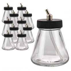 Master Airbrush Airbrush Cups & Jars (Pack Of 10) TB-010 Empty 2.7-Ounce (80cc) Glass Jar Bottles With 30 Degree­ Down Angle Adaptor Lid Assembly - Fits Dual-Action Siphon Feed Airbrushes