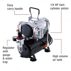 Master Airbrush Professional High Performance Twin Cylinder Piston Airbrush Air Compressor With Air Storage Tank, Regulator, Gauge & Water Trap Filter