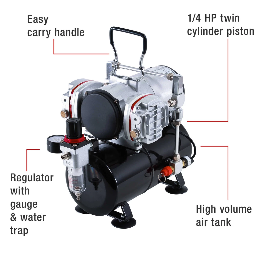 Master Airbrush Professional High Performance Twin Cylinder Piston Airbrush Air Compressor With Air Storage Tank, Regulator, Gauge & Water Trap Filter 4 Master Airbrush Professional High Performance Twin Cylinder Piston Airbrush Air Compressor With Air Storage Tank, Regulator, Gauge & Water Trap Filter