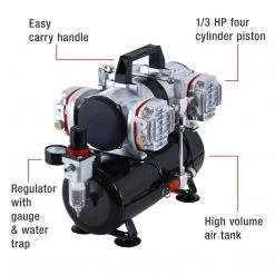 Master Airbrush Professional High Performance 4 Cylinder Piston Airbrush Air Compressor With Air Storage Tank, Regulator, Gauge & Water Trap Filter