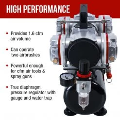 Master Airbrush Professional High Performance 4 Cylinder Piston Airbrush Air Compressor With Air Storage Tank, Regulator, Gauge & Water Trap Filter