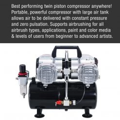 Master Airbrush Professional High Performance 4 Cylinder Piston Airbrush Air Compressor With Air Storage Tank, Regulator, Gauge & Water Trap Filter