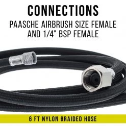 Master Airbrush Airbrush Hoses 6' Nylon Braided Airbrush Hose With A PAASCHE Airbrush Size Fitting On One End And A Standard 1/4" Size Fitting On The Other End (Hose Color May Vary)