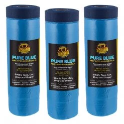 Dura-Gold 106" Wide X 46' Long Roll Of Pure Blue Pre-Taped Masking Film, 3 Pack, Overspray Paintable Plastic Protective Sheeting, Pull Down Drop Sheet
