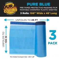Dura-Gold 106" Wide X 46' Long Roll Of Pure Blue Pre-Taped Masking Film, 3 Pack, Overspray Paintable Plastic Protective Sheeting, Pull Down Drop Sheet