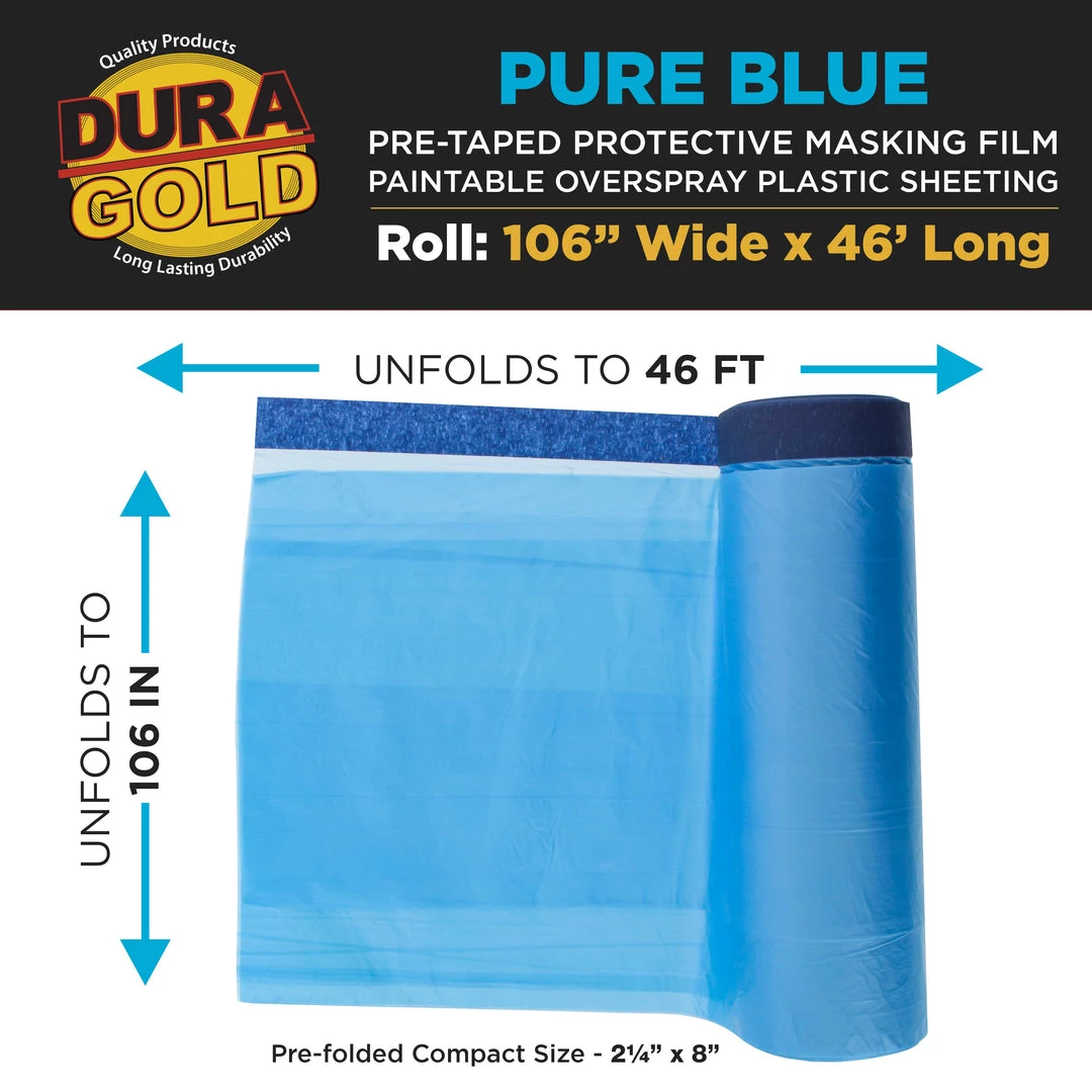 Dura-Gold 106" Wide X 46' Long Roll Pure Blue Pre-Taped Masking Film, Pre-Folded Overspray Paintable Plastic Protective Sheeting, Pull Down Drop Sheet 4 Dura-Gold 106" Wide X 46' Long Roll Pure Blue Pre-Taped Masking Film, Pre-Folded Overspray Paintable Plastic Protective Sheeting, Pull Down Drop Sheet