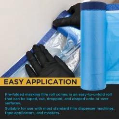 Dura-Gold 106" Wide X 46' Long Roll Pure Blue Pre-Taped Masking Film, Pre-Folded Overspray Paintable Plastic Protective Sheeting, Pull Down Drop Sheet 11 Dura-Gold 106
