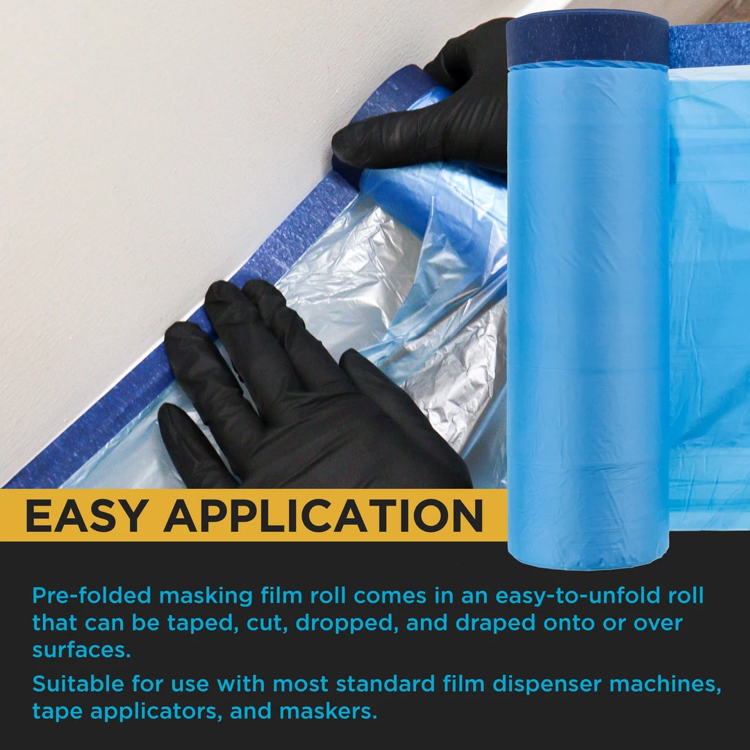 Dura-Gold 106" Wide X 46' Long Roll Pure Blue Pre-Taped Masking Film, Pre-Folded Overspray Paintable Plastic Protective Sheeting, Pull Down Drop Sheet 6 Dura-Gold 106" Wide X 46' Long Roll Pure Blue Pre-Taped Masking Film, Pre-Folded Overspray Paintable Plastic Protective Sheeting, Pull Down Drop Sheet