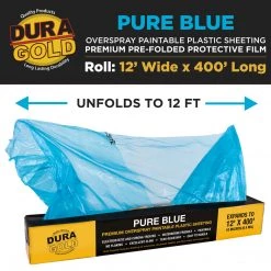 Dura-Gold 12' X 400' Roll Of Pure Blue Premium Overspray Paintable Plastic Sheeting - 0.4 Mil, Protective Masking Film Cover - Auto Painting Household