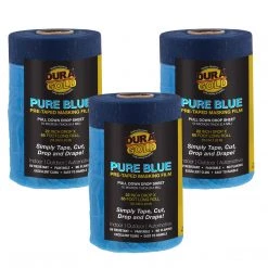 Dura-Gold 22" Wide X 65' Long Roll Of Pure Blue Pre-Taped Masking Film, 3 Pack - Overspray Paintable Plastic Protective Sheeting, Pull Down Drop Sheet