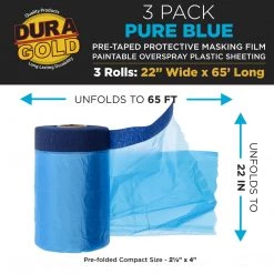Dura-Gold 22" Wide X 65' Long Roll Of Pure Blue Pre-Taped Masking Film, 3 Pack - Overspray Paintable Plastic Protective Sheeting, Pull Down Drop Sheet