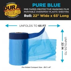 Dura-Gold 22" Wide X 65' Long Roll Pure Blue Pre-Taped Masking Film, Pre-Folded Overspray Paintable Plastic Protective Sheeting, Pull Down Drop Sheet