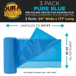 Dura-Gold 24" Wide X 177' Long Roll Of Pure Blue Pre-Folded Masking Film, 3 Pack, Overspray Paintable Plastic Protective Sheeting, Pull Down Drop Sheet