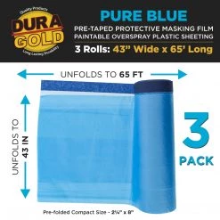 Dura-Gold 43" Wide X 65' Long Roll Of Pure Blue Pre-Taped Masking Film, 3 Pack - Overspray Paintable Plastic Protective Sheeting, Pull Down Drop Sheet