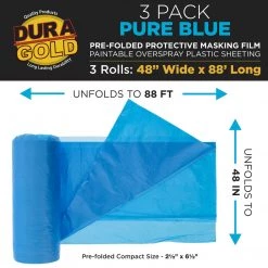 Dura-Gold 48" Wide X 88' Long Roll Of Pure Blue Pre-Folded Masking Film, 3 Pack - Overspray Paintable Plastic Protective Sheeting, Pull Down Drop Sheet