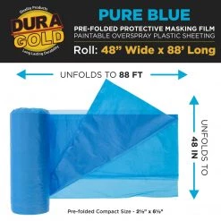 Dura-Gold 48" Wide X 88' Long Roll Of Pure Blue Pre-Folded Masking Film, 0.4 Mil Overspray Paintable Plastic Protective Sheeting, Pull Down Drop Sheet
