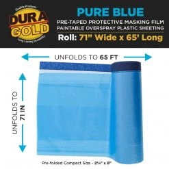 Dura-Gold 71" Wide X 65' Long Roll Pure Blue Pre-Taped Masking Film, Pre-Folded Overspray Paintable Plastic Protective Sheeting, Pull Down Drop Sheet