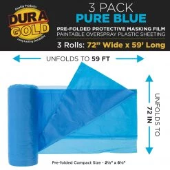Dura-Gold 72" Wide X 59' Long Roll Of Pure Blue Pre-Folded Masking Film, 3 Pack - Overspray Paintable Plastic Protective Sheeting, Pull Down Drop Sheet