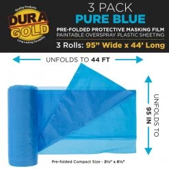 Dura-Gold 95" Wide X 44' Long Roll Of Pure Blue Pre-Folded Masking Film, 3 Pack - Overspray Paintable Plastic Protective Sheeting, Pull Down Drop Sheet