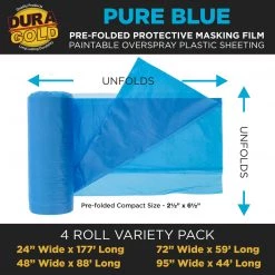 Dura-Gold Pure Blue Pre-Folded Masking Film, 4 Roll Variety Pack 24" 48" 72" 95", Overspray Paintable Plastic Protective Sheeting, Pull Down Drop Sheet
