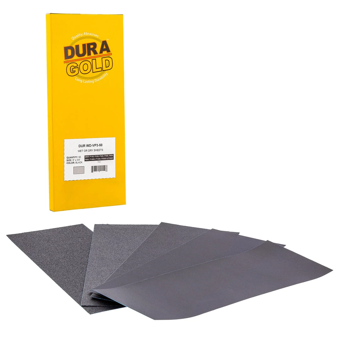 Dura-Gold Variety Pack Fine - Wet Or Dry Sandpaper Finishing Sheets 3-2/3" X 9" - Box Of 50 4 Dura-Gold Variety Pack Fine - Wet Or Dry Sandpaper Finishing Sheets 3-2/3" X 9" - Box Of 50